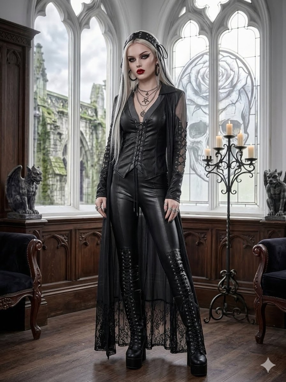 Gothic Lace-Trim Black Faux Leather And Mesh Trench coat - Picture 3 of 9